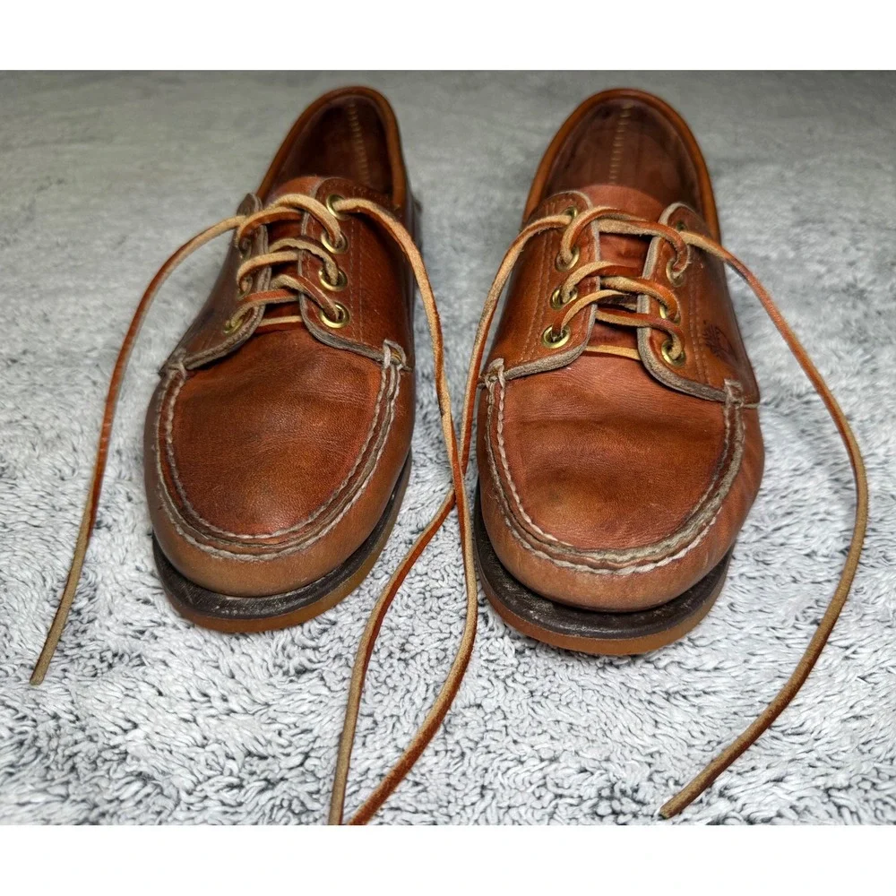 Vintage Timberland USA Made 10M Leather Camp Moc Shoe Vibram Sole Brown Handsewn